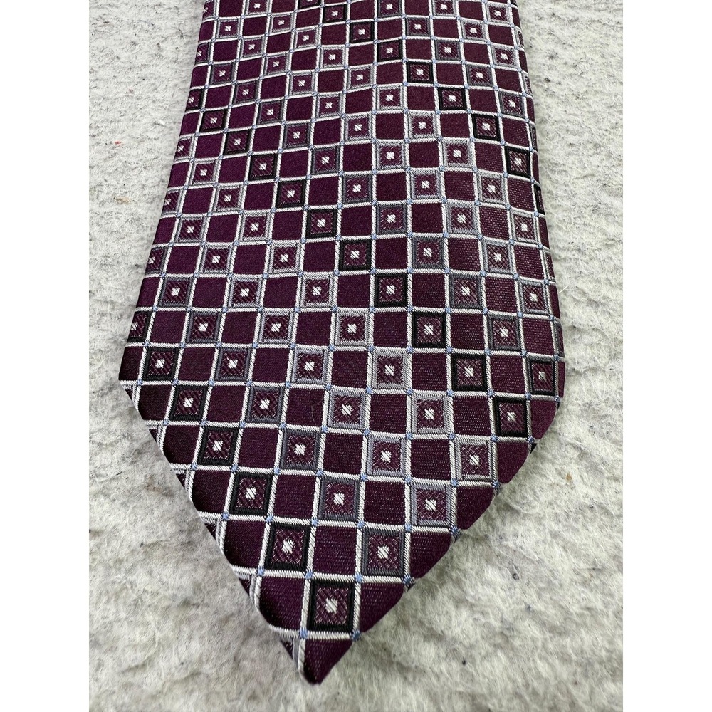 Pronto‎ Uomo Tie Mens One Size Purple Geometric Square Pattern 100% Silk Dress